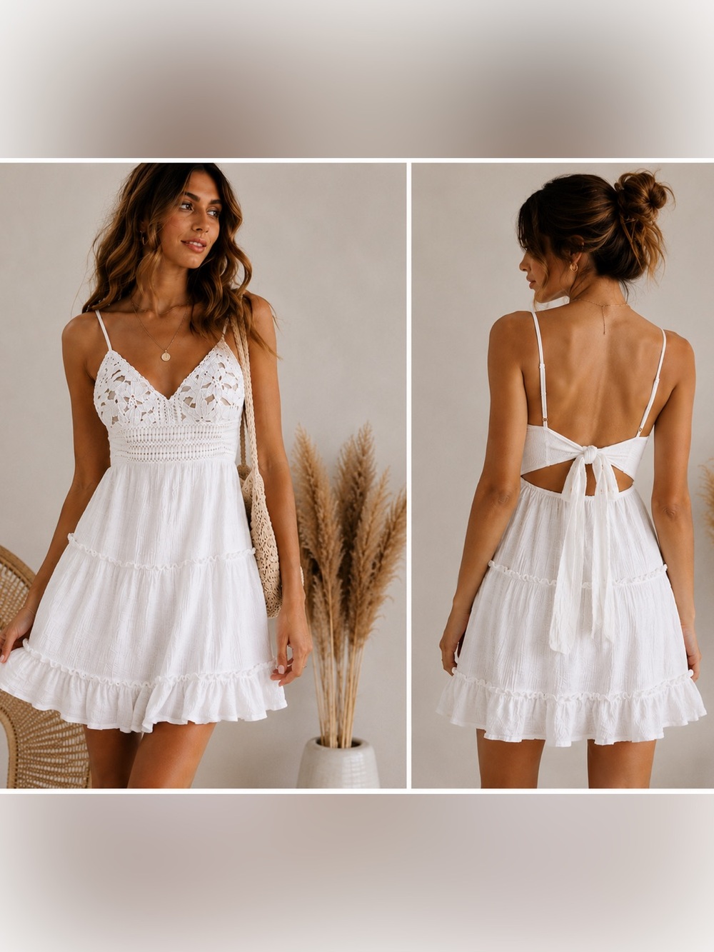 Love Tree White Crochet Bodice Tiered Mini Dress Boho Cottagecore L